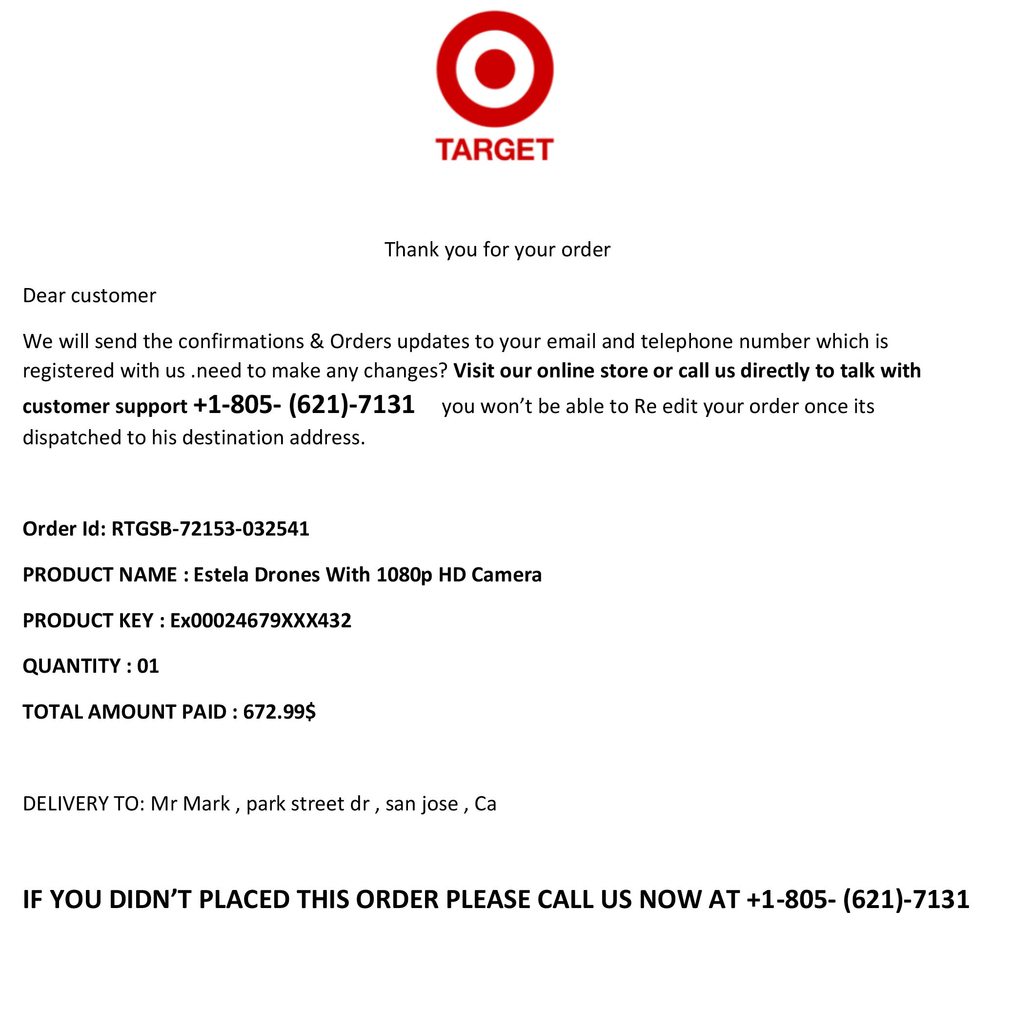 A fraudulent Target order confirmation.