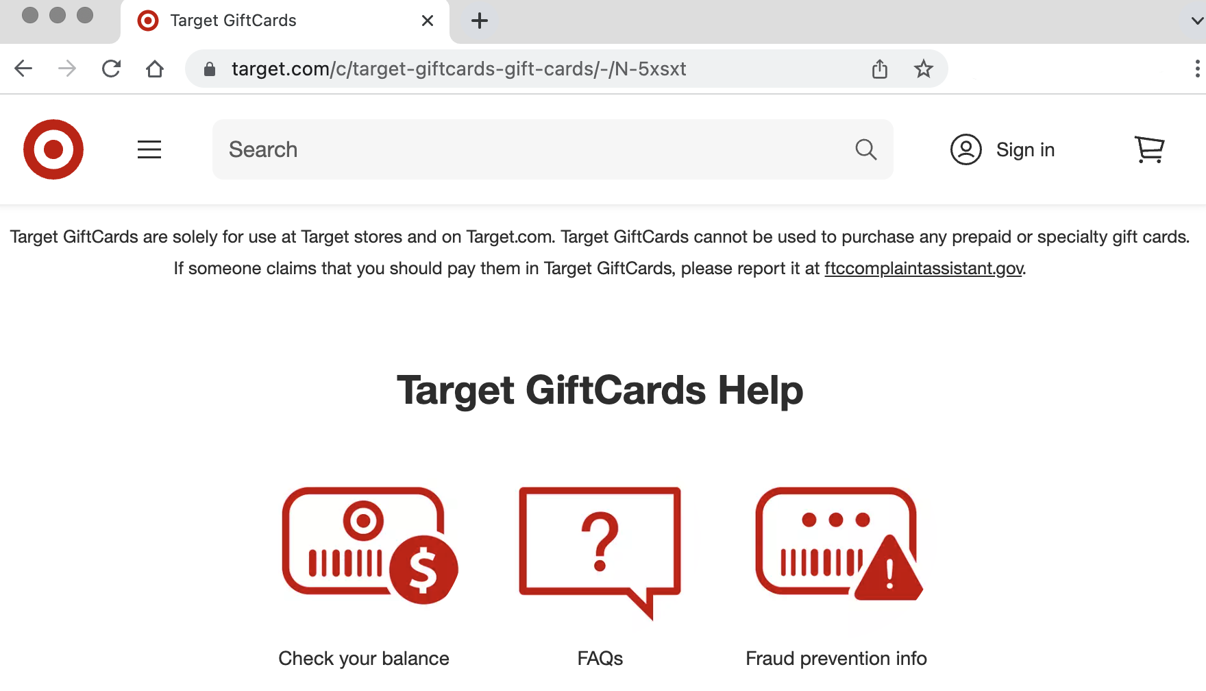 The Target GiftCards Help webpage.
