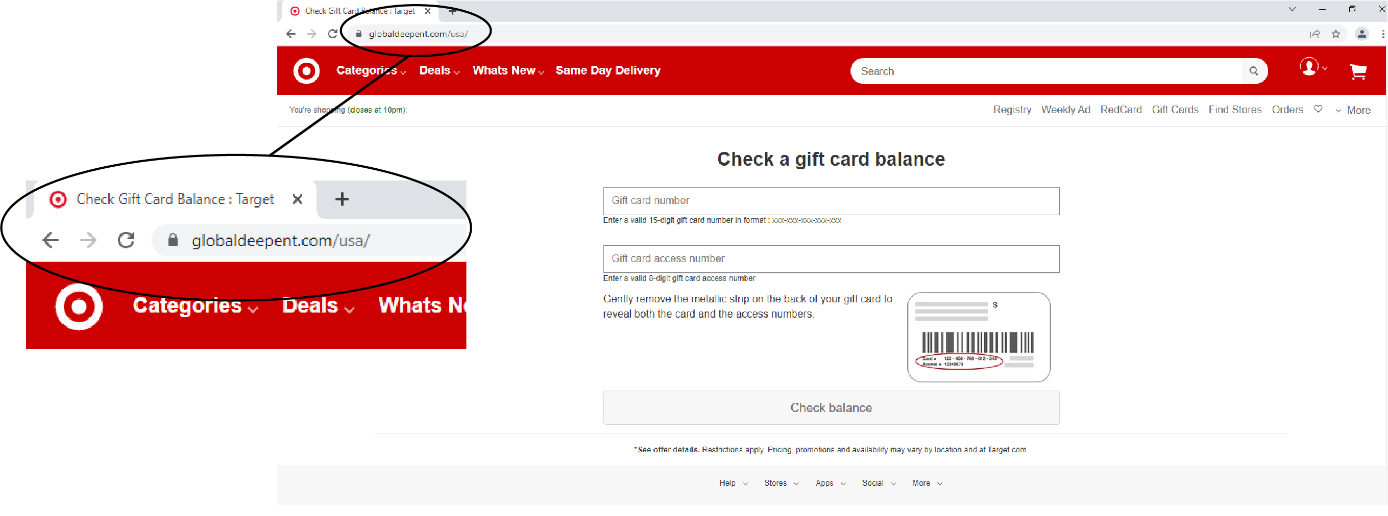 A fraudulent website pretending to be Target.com. It looks very similar to Target's official website,  but the actual URL of the site that is displayed in the browsers address bar is not Target.com